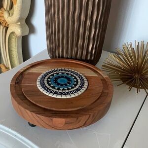 Flower Power Goodwood Cheese Tray pedestal tile wooden Mexican‎ style boho